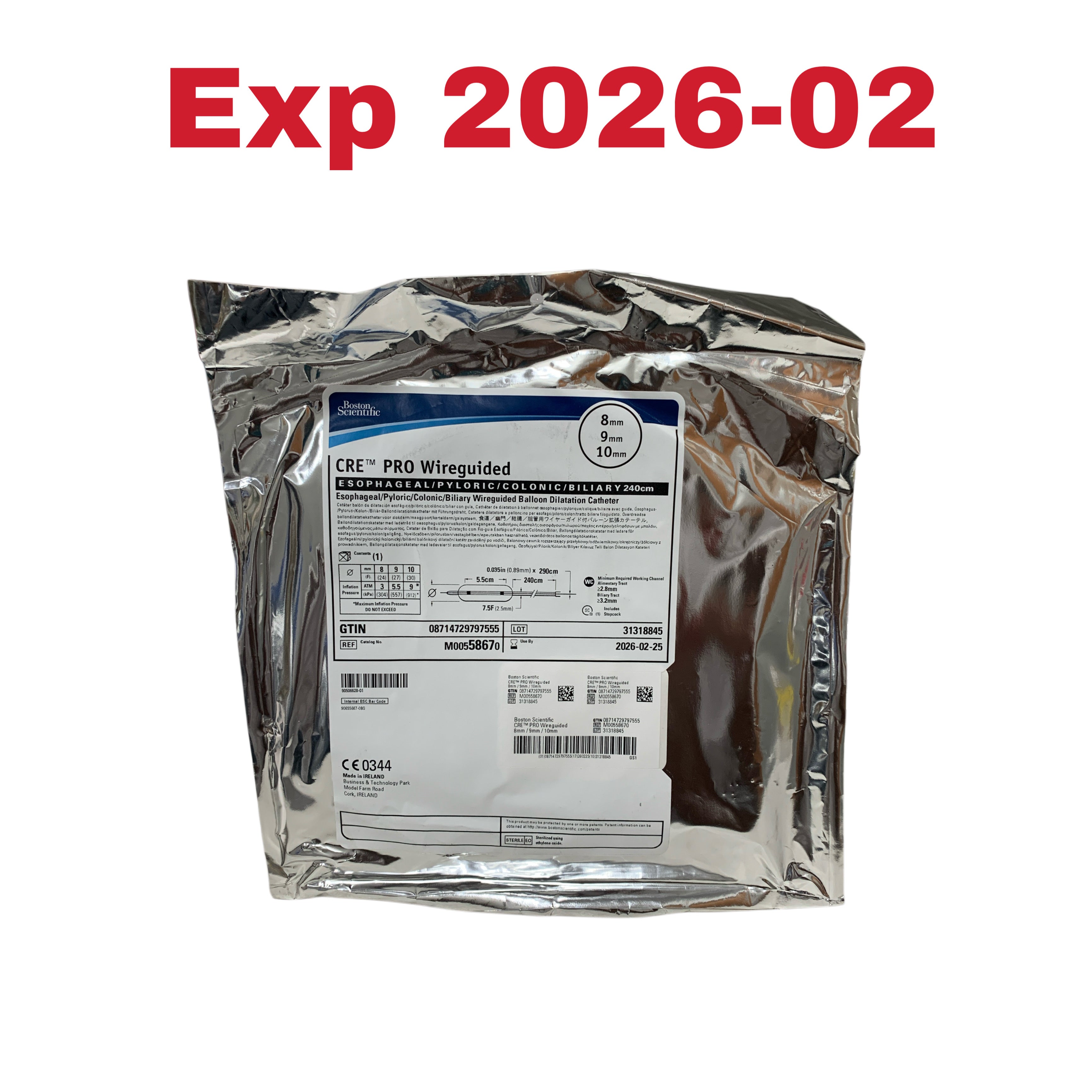 BOSTON SCIENTIFIC REF M00558670 CRE PRO Wireguided Esophageal Pyloric Colonic Biliary Balloon Dilatation Catheter 240cm Exp 2026 02