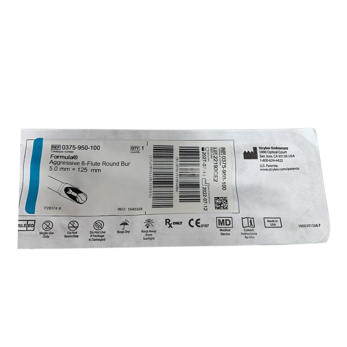 STRYKER 0375-950-100 Formula Aggressive 6-Flute Round Bur 5.0mm x 125mm Exp 2027 07