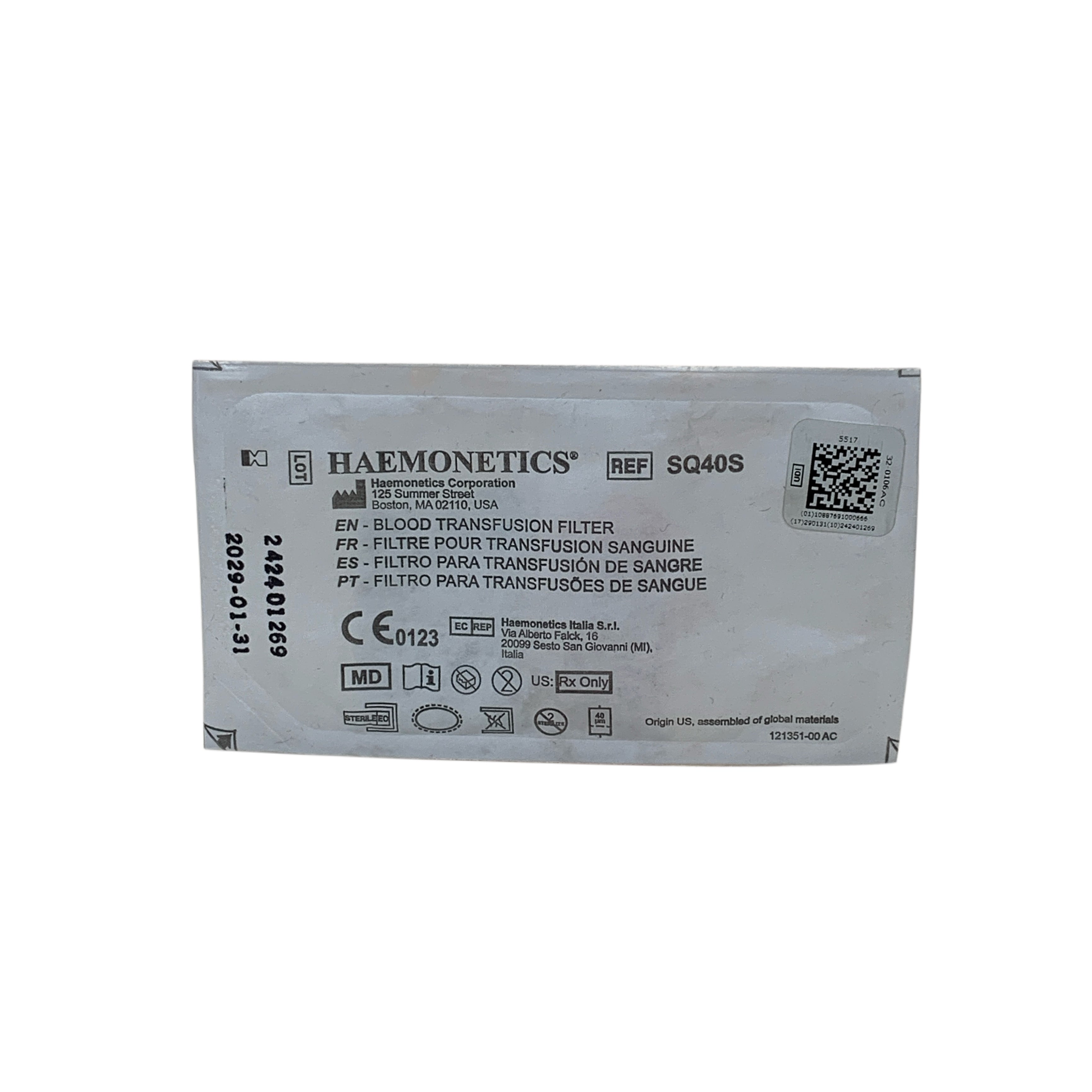 HAEMONETICS REF SQ40S Blood Transfusion Filter, Exp2029/01