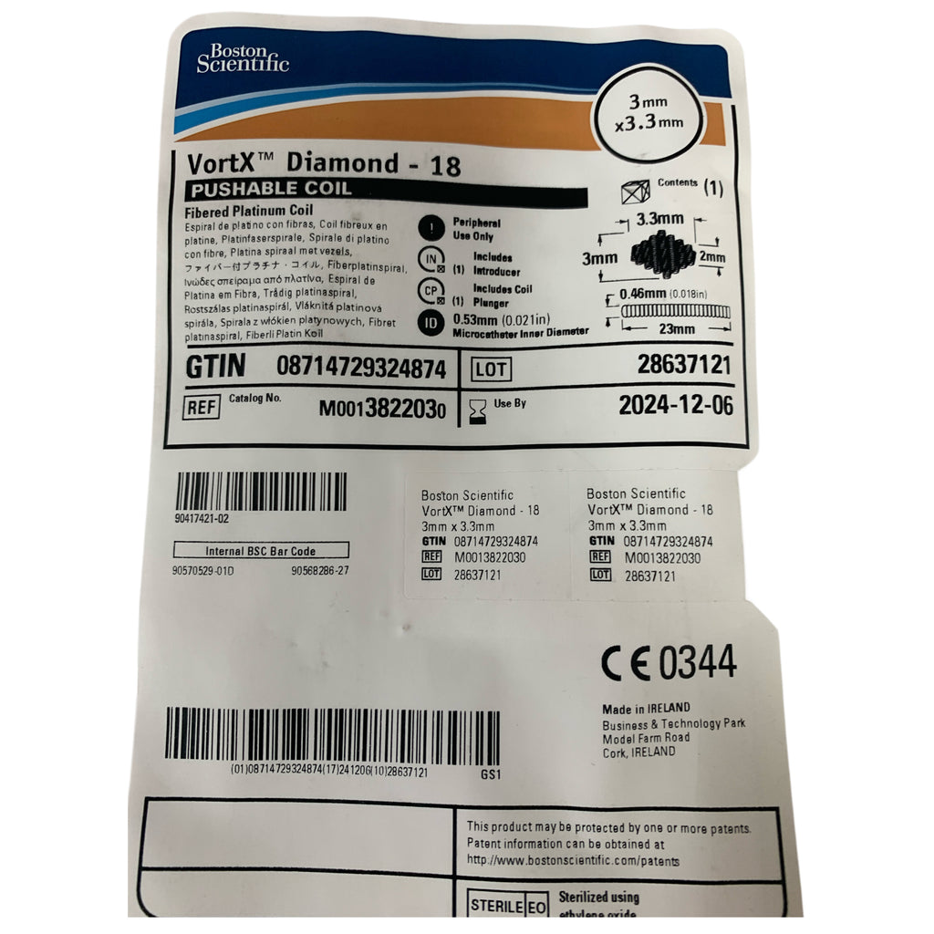 BOSTON SCIENTIFIC M0013822030 VortX Diamond 18 Pushable Coil Fibered Platinum Coil 3 mm x 3.3 mm EXP 2024 12