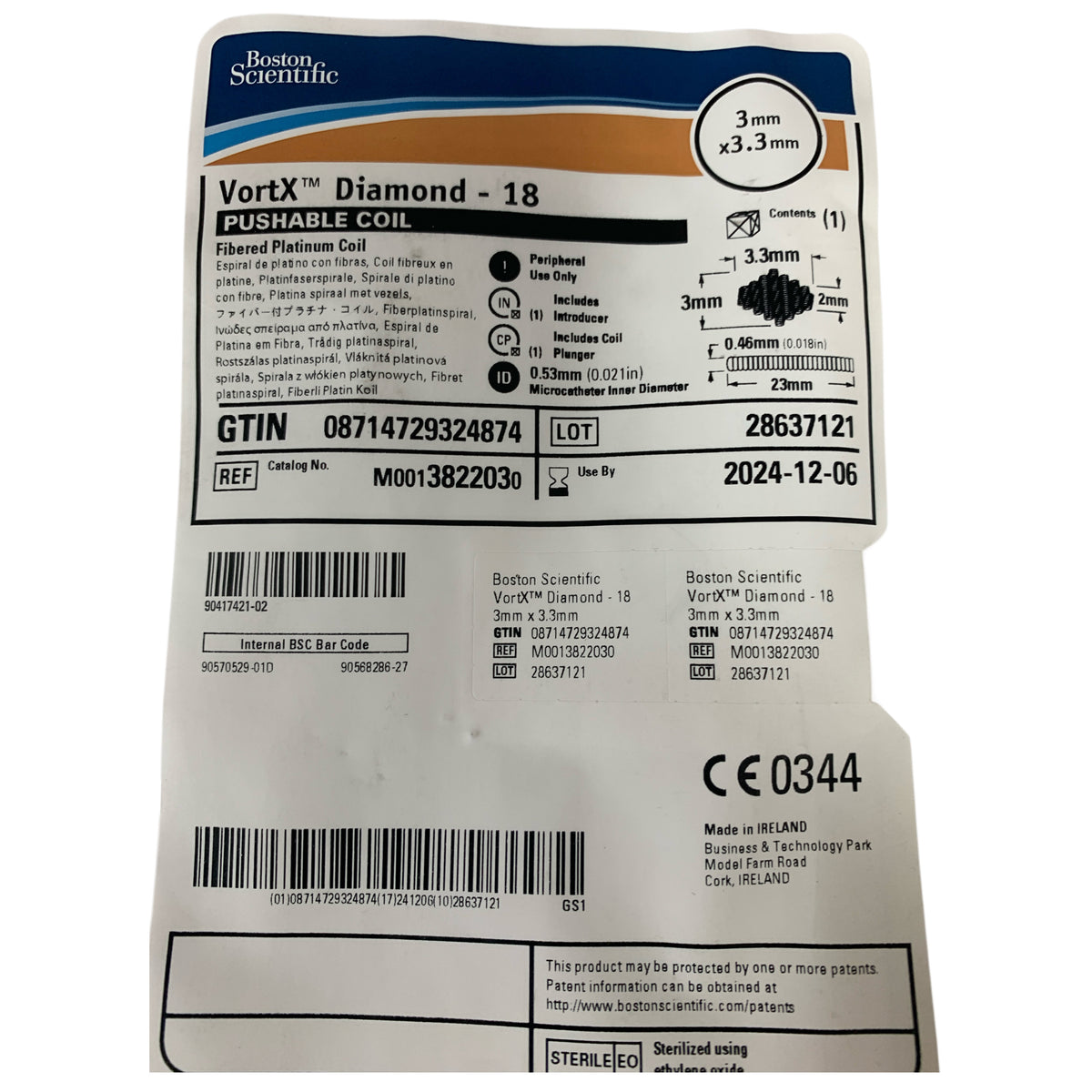 BOSTON SCIENTIFIC M0013822030 VortX Diamond 18 Pushable Coil Fibered Platinum Coil 3 mm x 3.3 mm EXP 2024 12