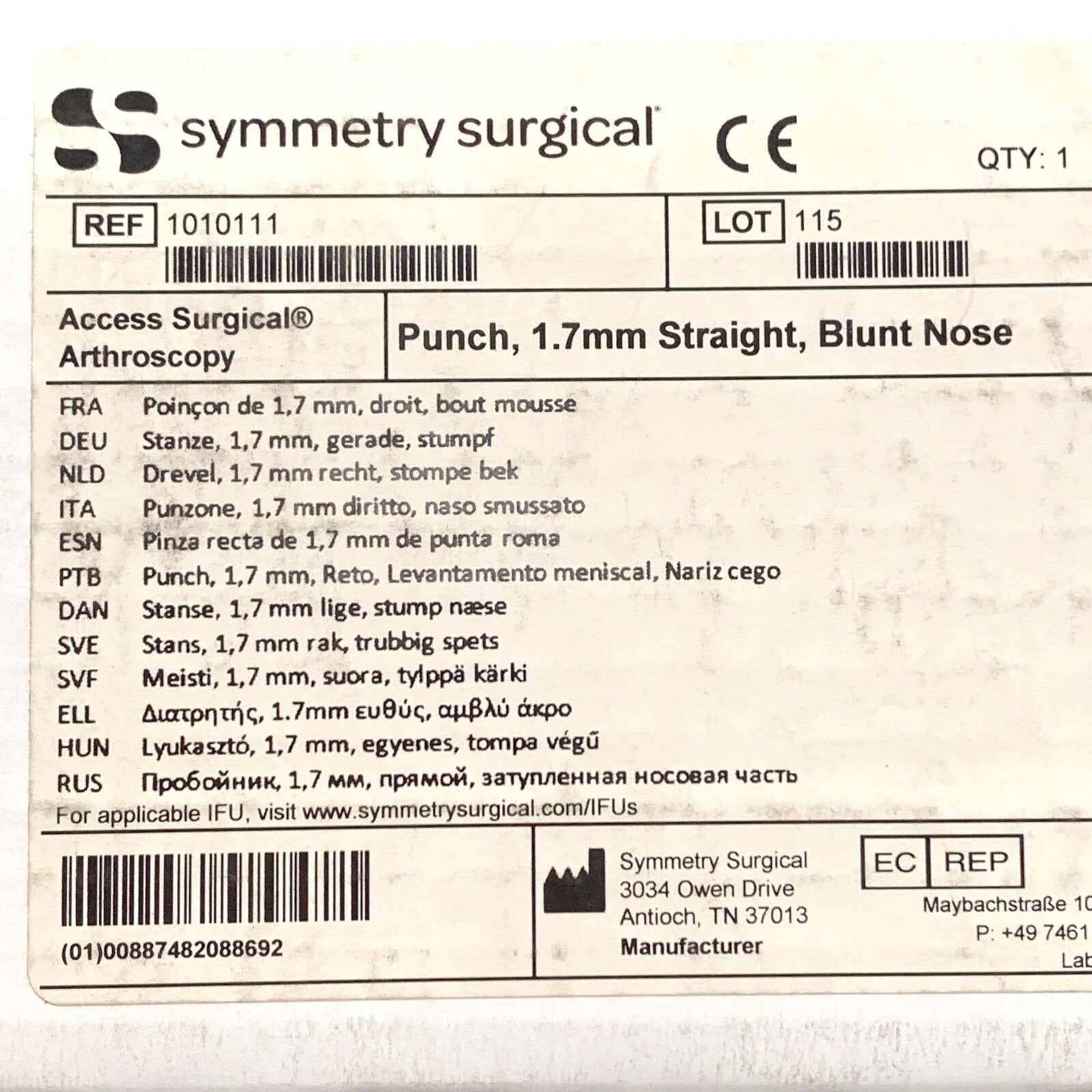 Symmetry Surgical REF 1010111, Access Punch, 1.7mm Straight, Blunt Nose