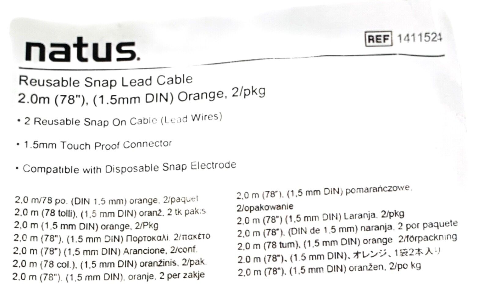 Natus Ref 1411524, Reusable Snap Lead Cable