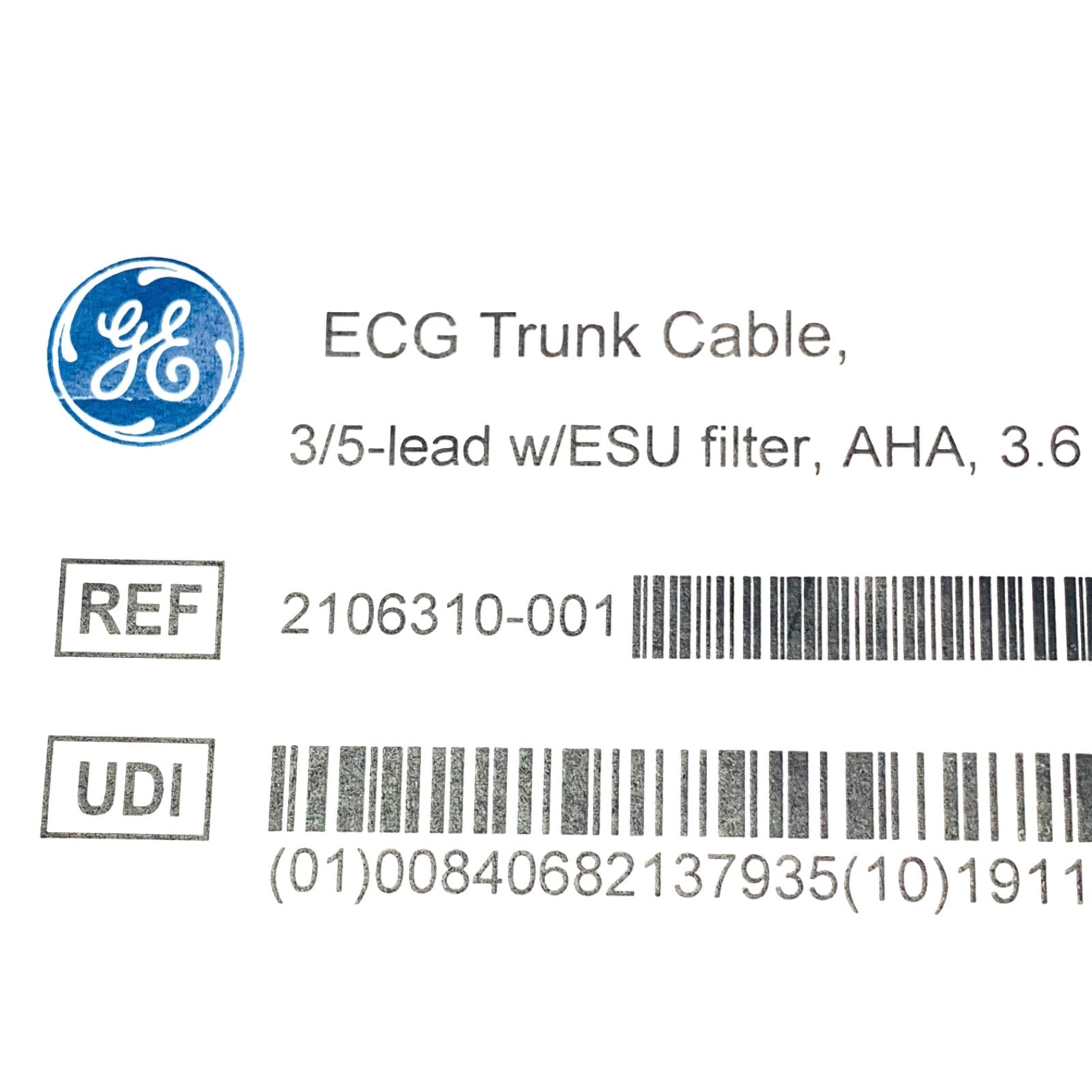 GE REF 2106310-001, ECG Trunk Cable 3/5 Lead W/ESU Filter, AHA, 3.6m/12ft.