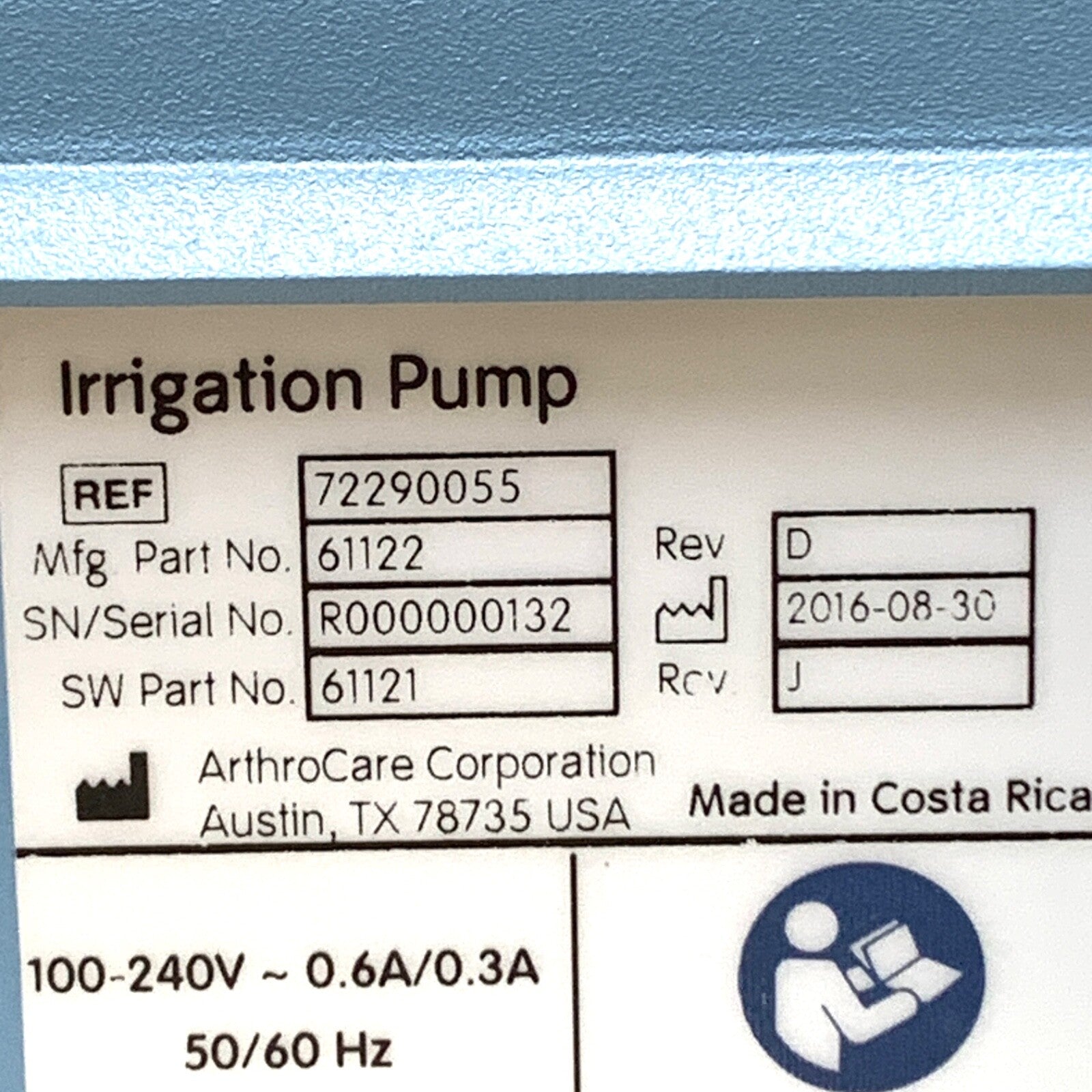 Smith & Nephew REF 72290055, Arthrocare Irrigation Pump w/ Flow Control Cable