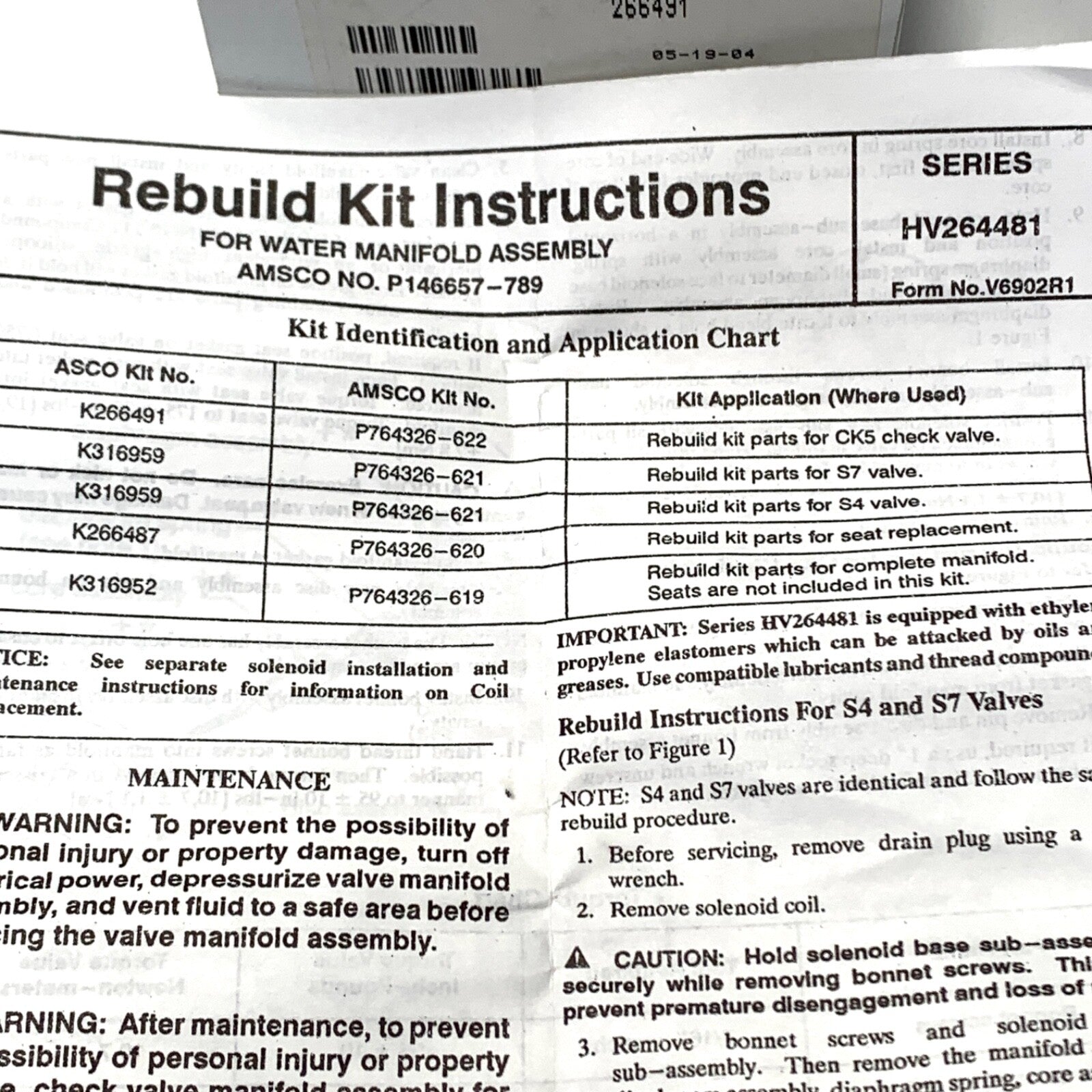 Amsco/STERIS REF P764326-622/K266491, Rebuild Kit Part for CK5 Check Valve