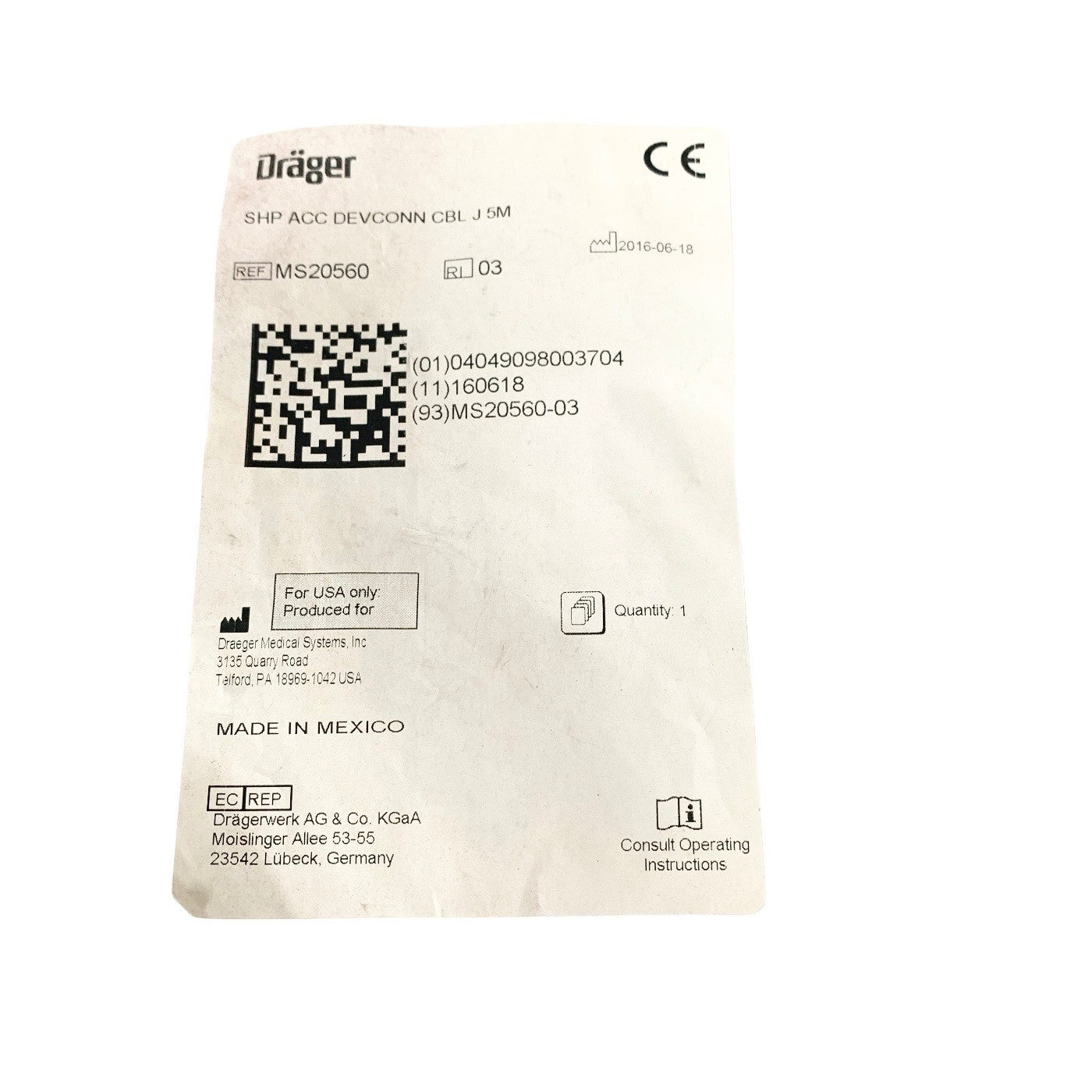 Drager REF MS20560, 5M Device Connection Cable Medical OEM Devconn CBL