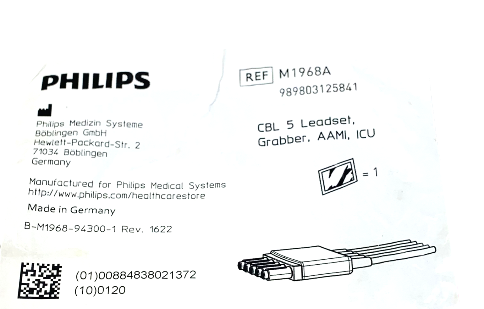 Philips REF M1668A , CBL 5 Leadset, Grabber, AAMI, ICU