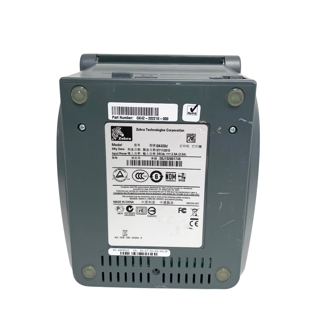 Zebra REF GK420D, THERMAL LABEL PRINTER W/ POWER SUPPLY