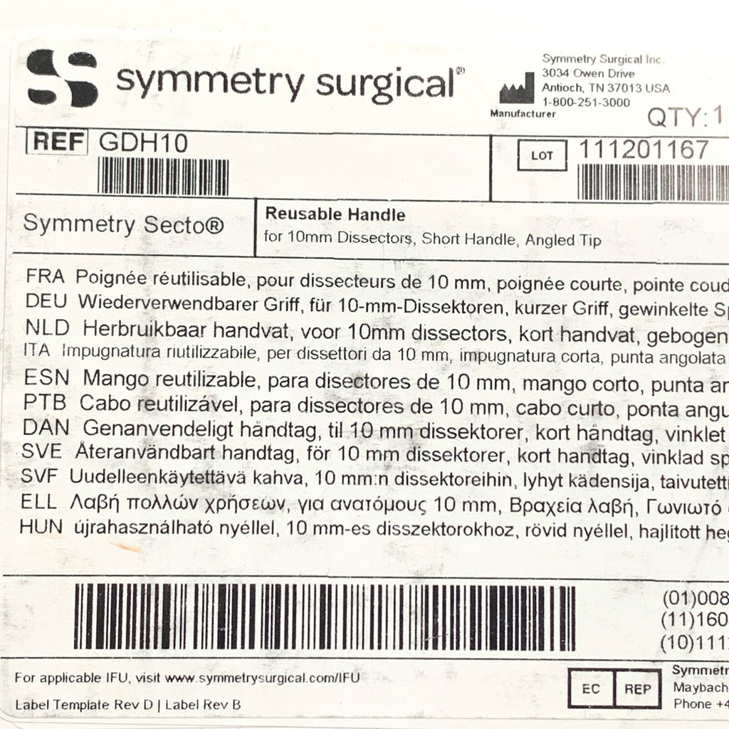 Symmetry Surgical REF GDH10, Secto, Short Handle for 10mm Dissectors, Angled Tip