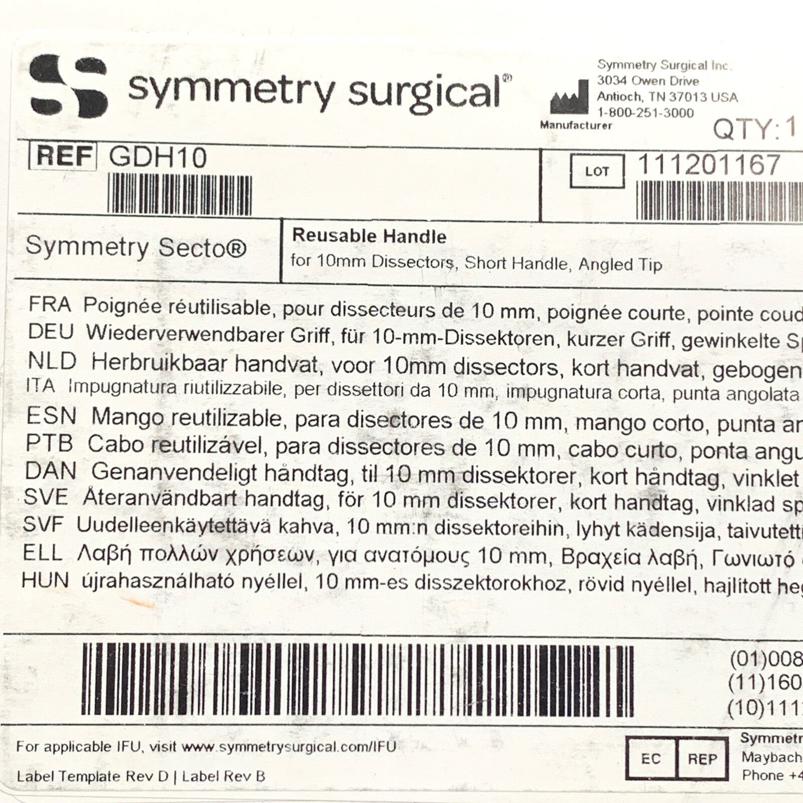 Symmetry Surgical REF GDH10, Secto, Short Handle for 10mm Dissectors, Angled Tip