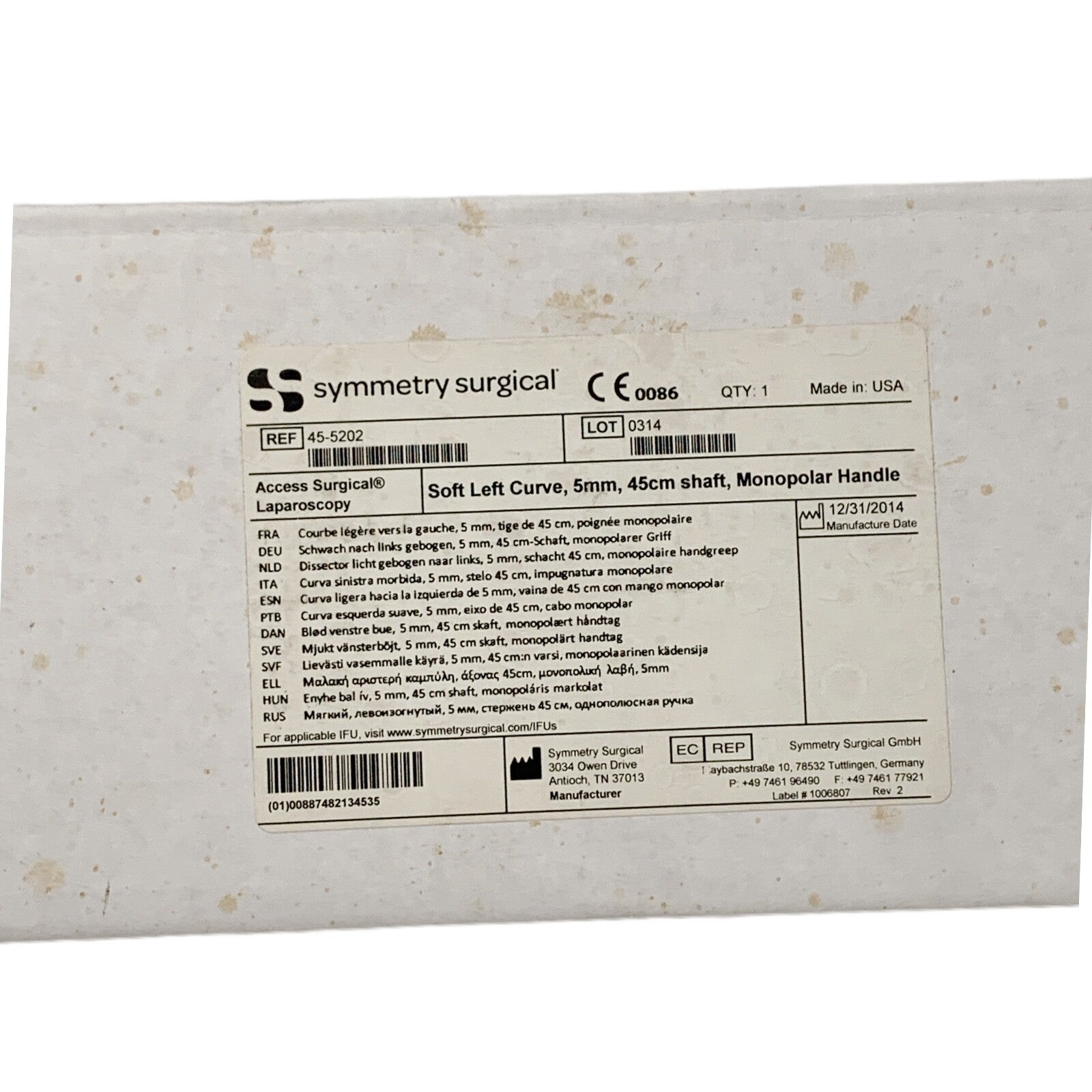 Symmetry Medical REF 45-5202, Soft Left Curve, 5mm, 45cm shaft, Monopolar Handle