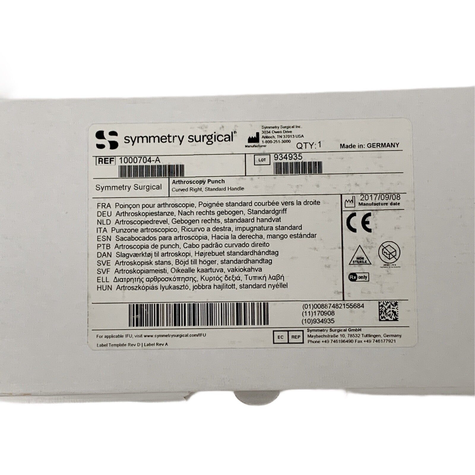Symmetry Medical REF 1000704-A, Arthroscopy Punch, Curved Right, Standard Handle