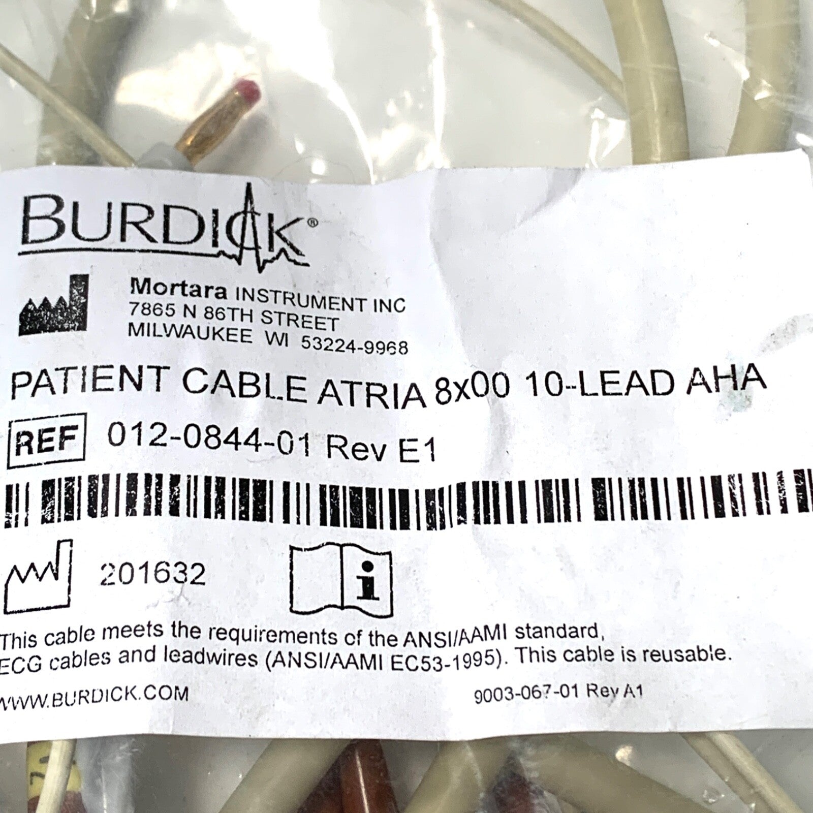 Mortara REF 012-0844-01, Burdick Patient Cable Atria 8x100 10 Lead