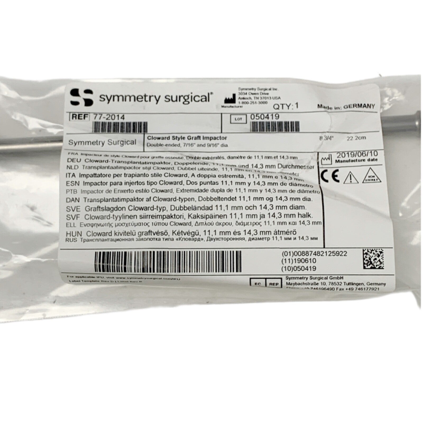 Symmetry Medical REF 77-2014, CLOWARD STYLE GRAFT IMPACTOR, DOUBLE ENDED