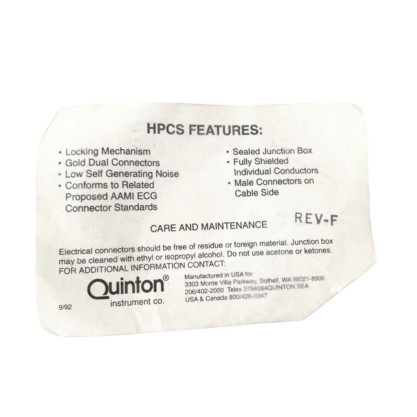 Quinton Ref 11952-011, 10-Lead ECG EKG Leadwire Set w/ Grabber Lead End