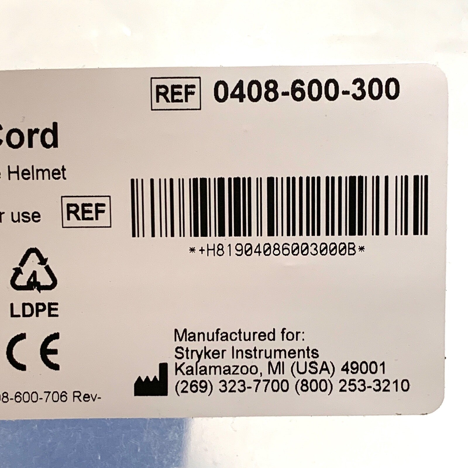 Stryker REF 0408-600-300, Flyte Power Cord For use with the Stryker Flyte Helmet