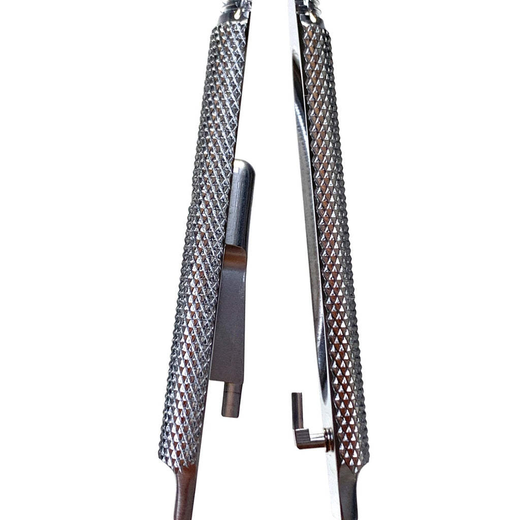 Aesculap REF FD243R, Micro Needle Holder, Curved w/ Ratchet