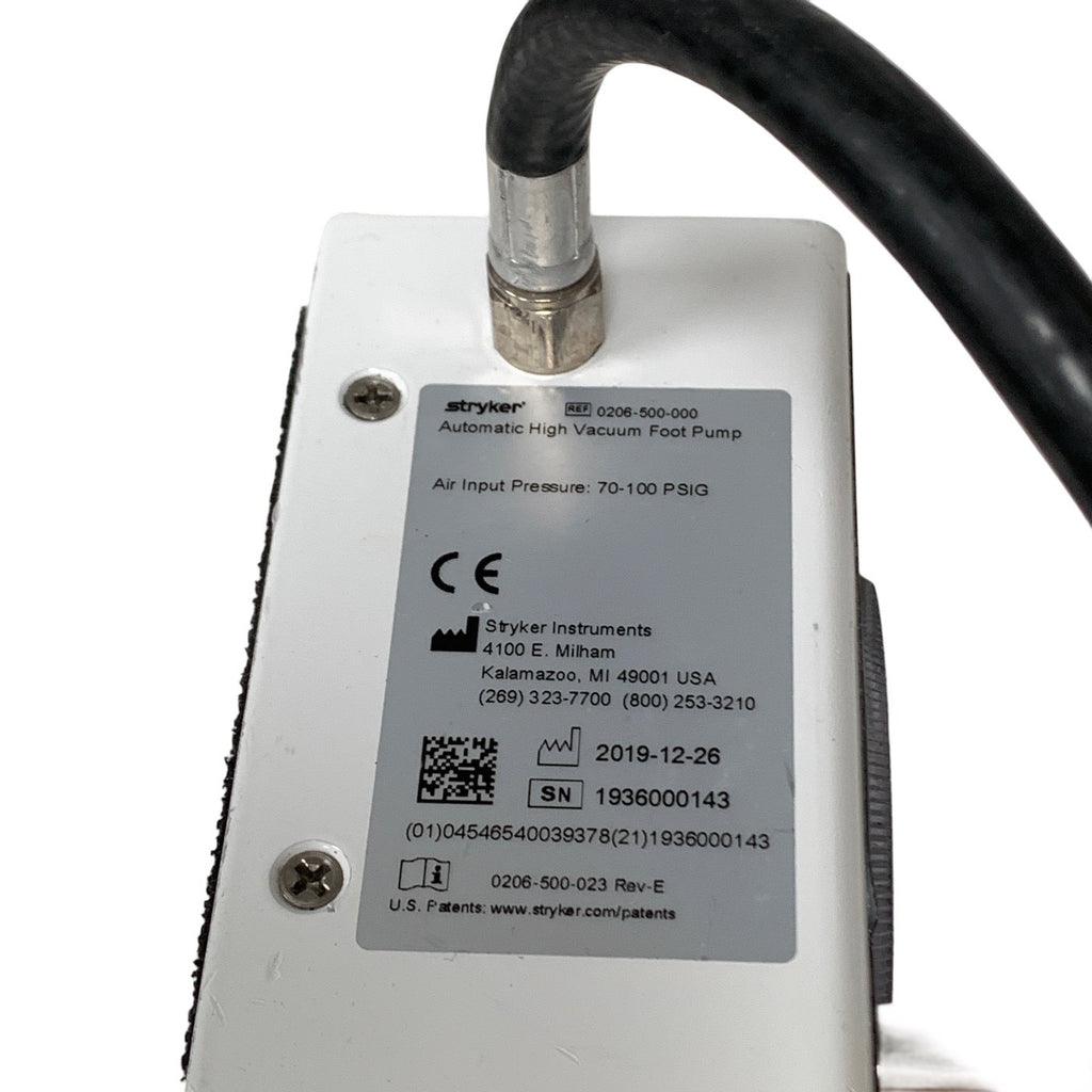 Stryker 0206-500-000 Automatic High Vacuum Foot Pump, MISSING CONNECTOR