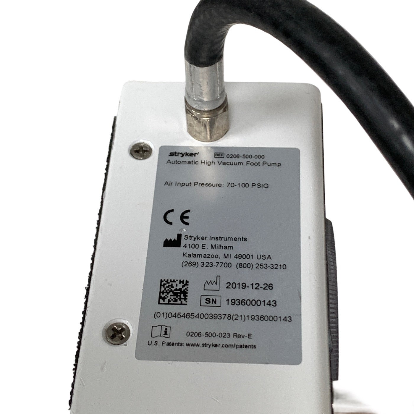 Stryker 0206-500-000 Automatic High Vacuum Foot Pump, MISSING CONNECTOR
