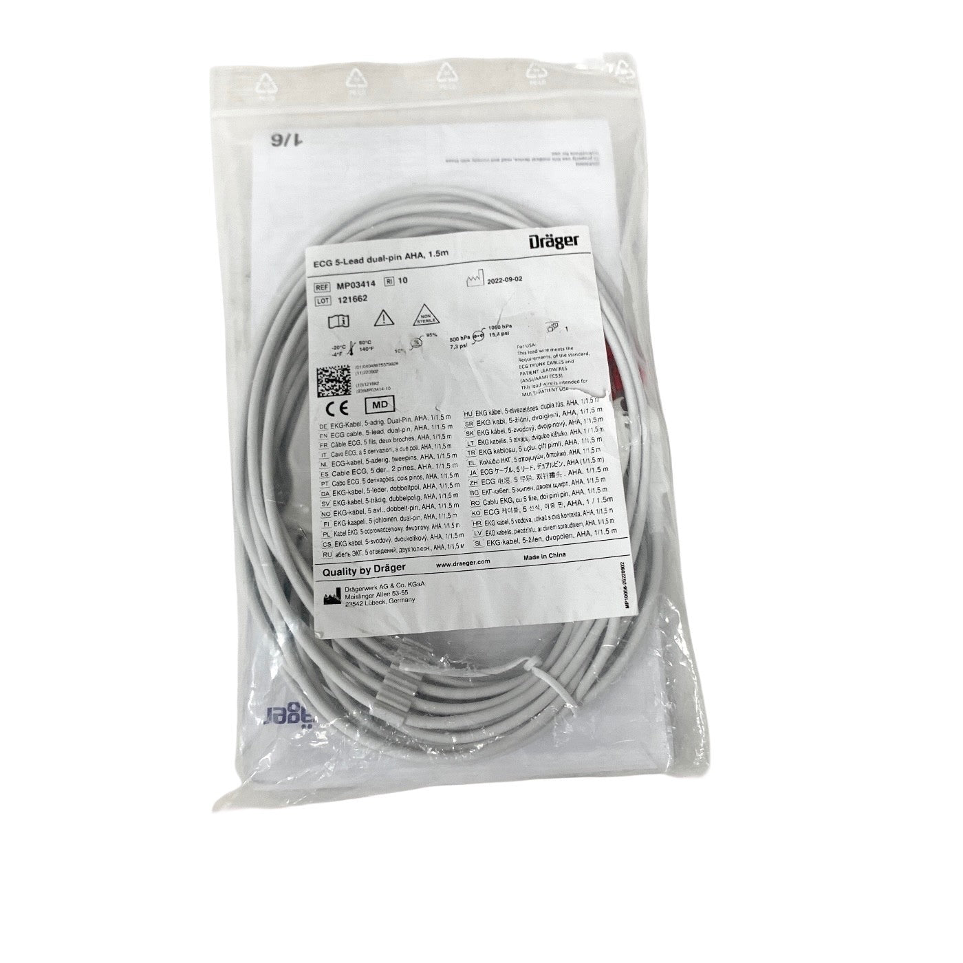 Drager REF MP03414, ECG 5-Lead dual-pin AHA, 1.5m