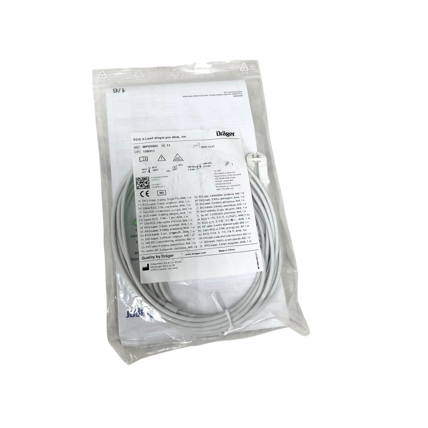 Drager REF MP03402, ECG 3-Lead single-pin AHA, 1m