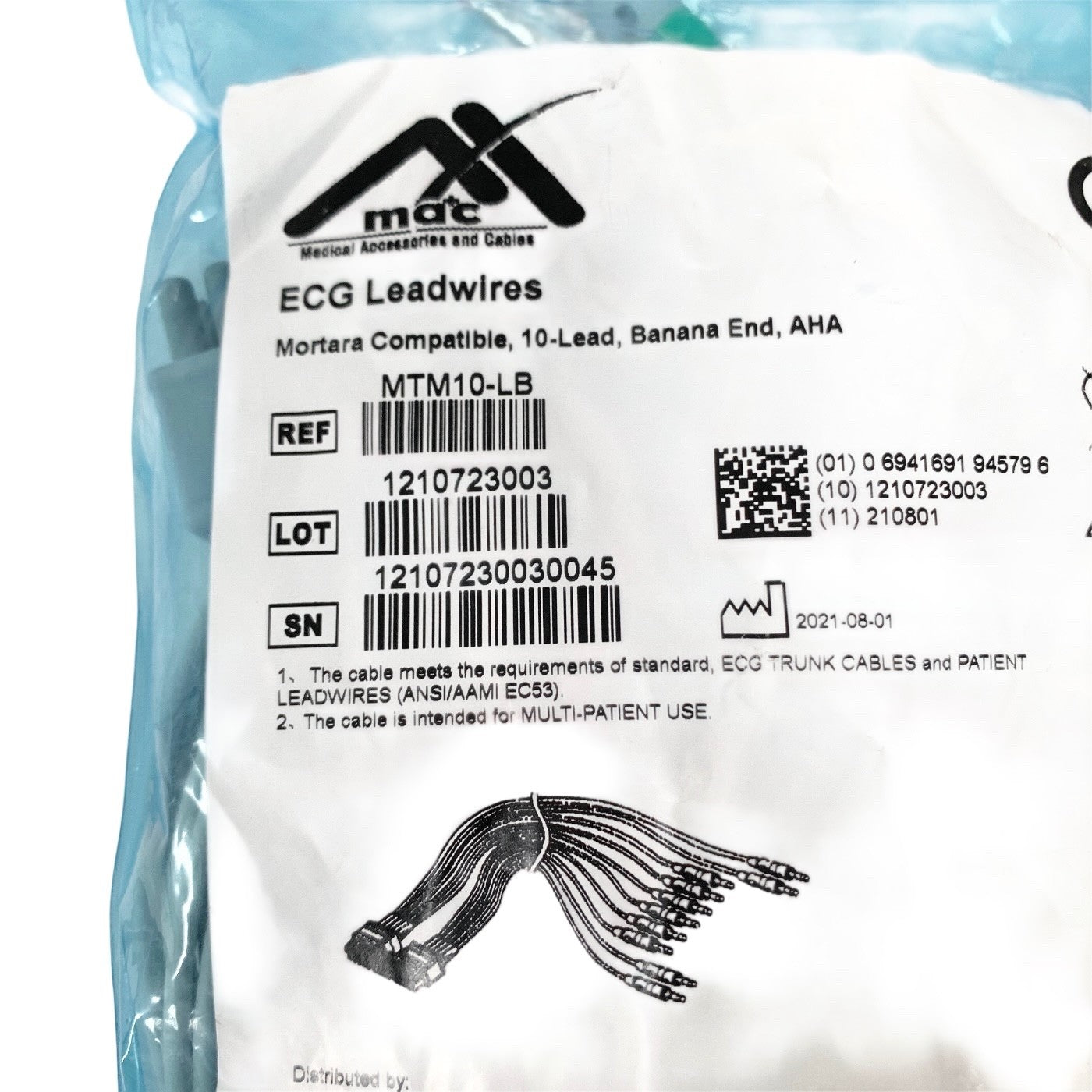 MAC REF-MTM10-LB, ECG Leadwires 10-Lead AHA Banana Plug Mortara Compatible
