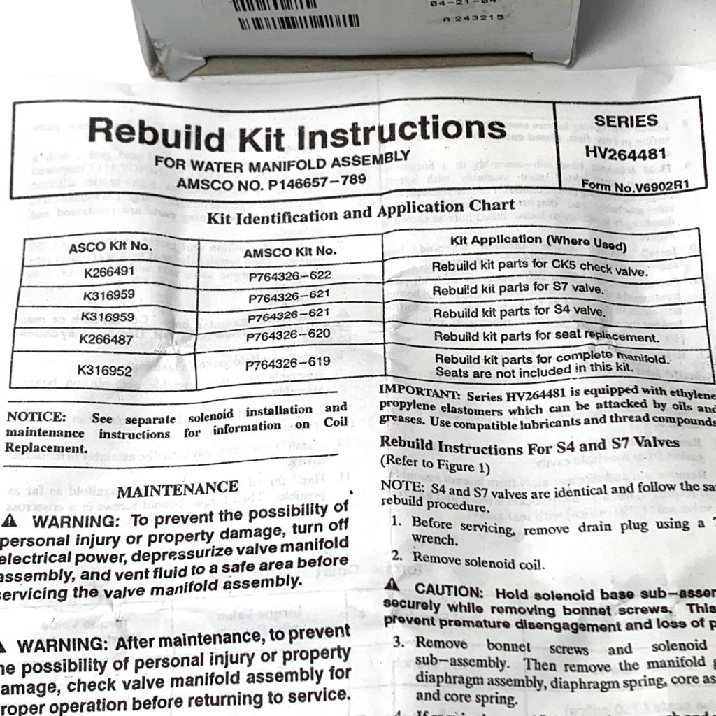 Amsco/STERIS REF P764326-621/K316959, Rebuild Kit Part for S7 Valve