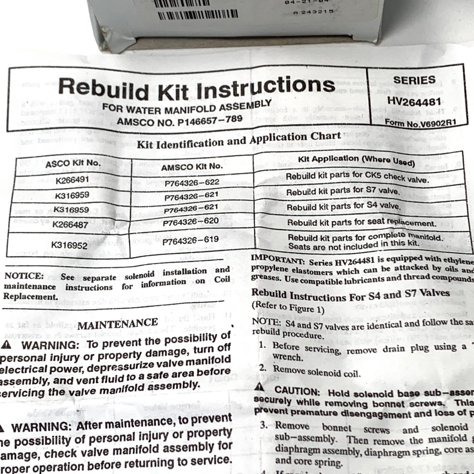 Amsco/STERIS REF P764326-621/K316959, Rebuild Kit Part for S7 Valve