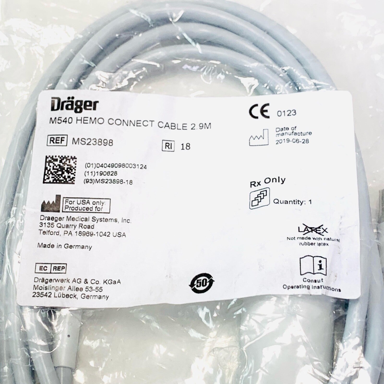 Drager REF MS23898, M540 HEMO CONNECT CABLE, 2.9M