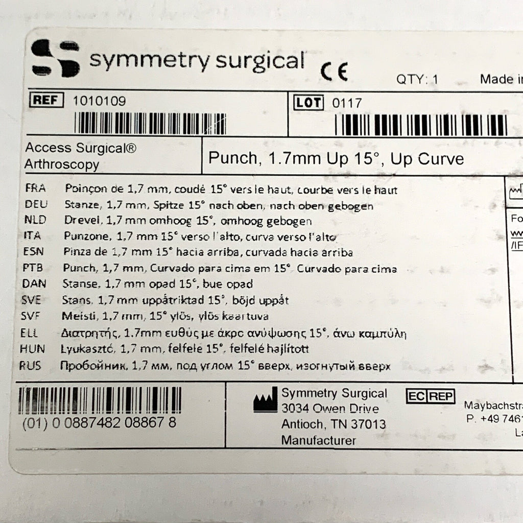 Symmetry Medical REF 1010109, Access Arthroscopy Punch, 1.7mm Up 15°, Up Curve