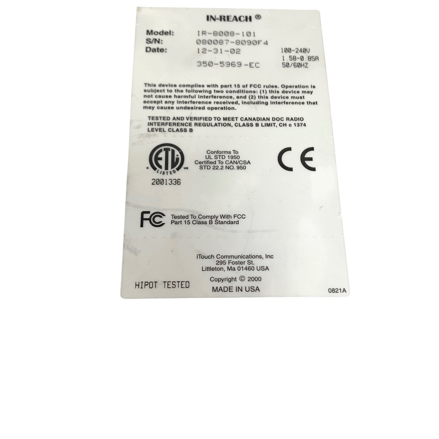 MRV REF IR-8008-101, IN REACH iTOUCH COMMUNICATION CONSOLE