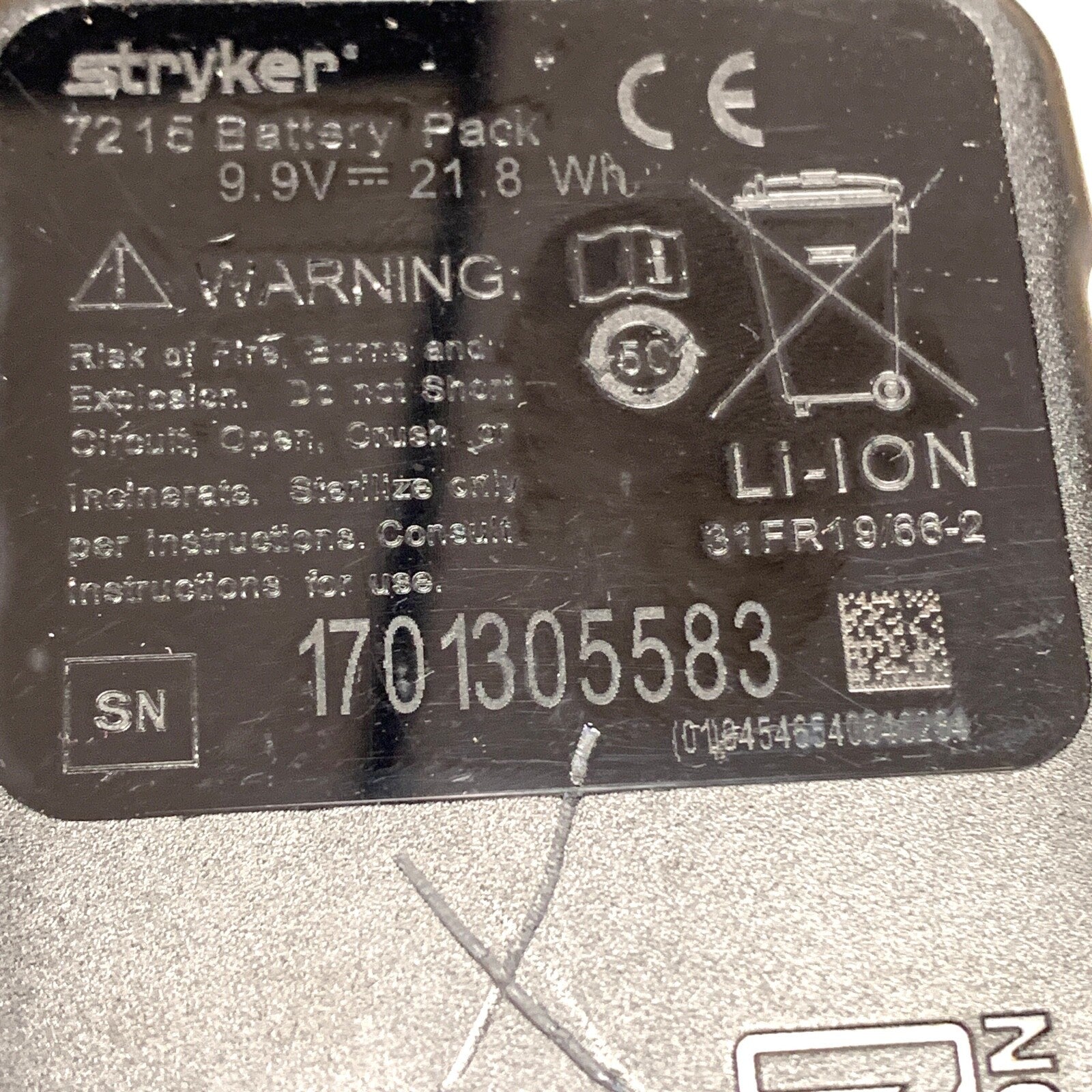 Stryker REF 7215 Battery Pack, for parts not tested