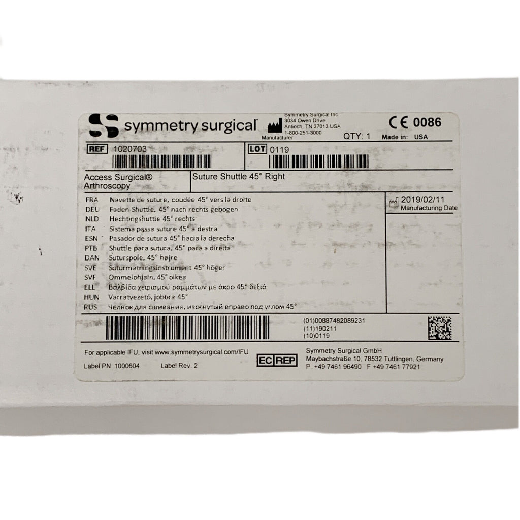 Symmetry Medical REF 1020703, Suture Shuttle 45 Degree Right