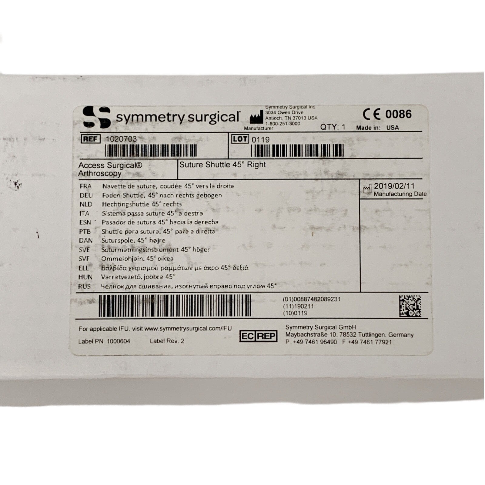 Symmetry Medical REF 1020703, Suture Shuttle 45 Degree Right