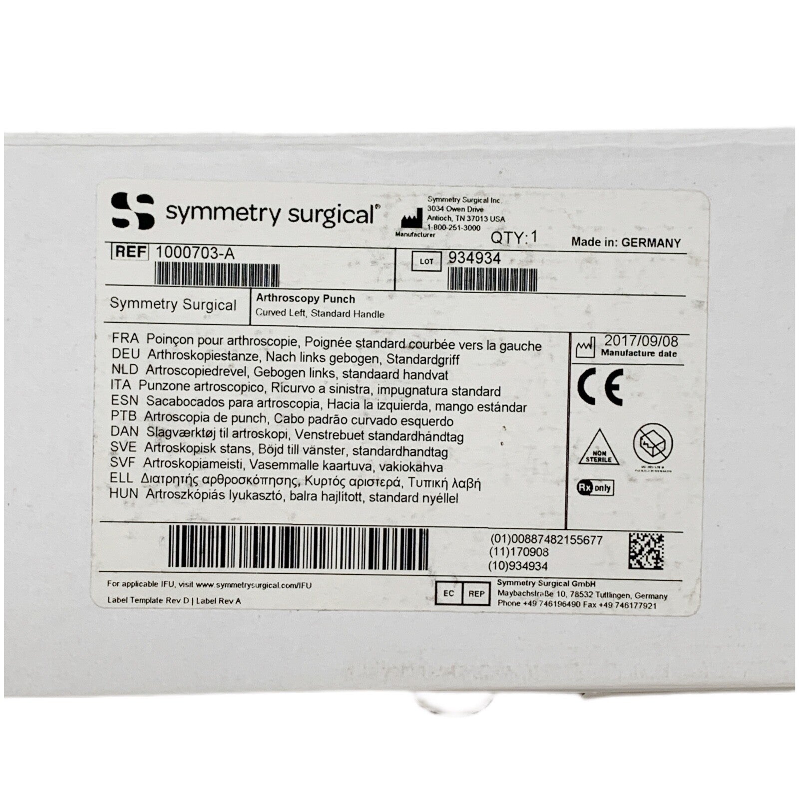 Symmetry Medical REF 1000703-A, Arthroscopy Punch Curved Left, Standard Handle