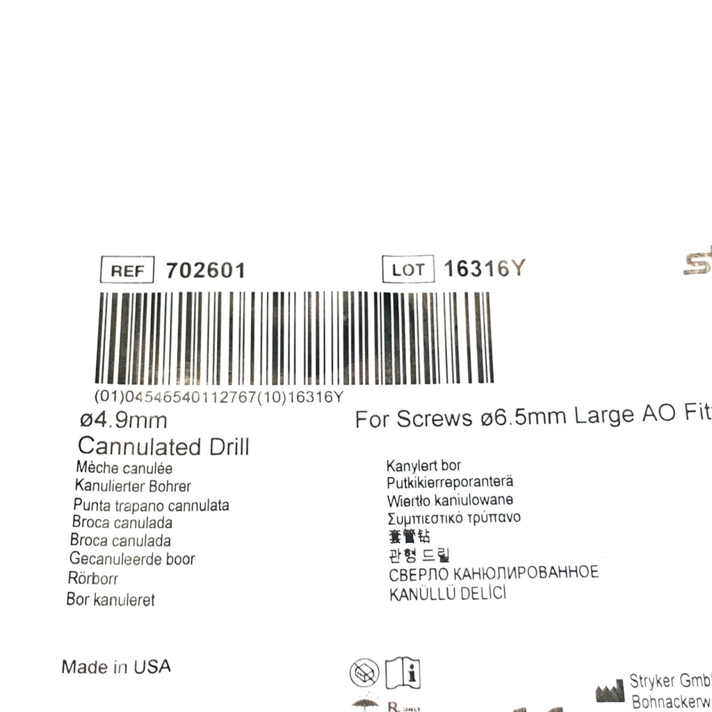 STRYKER REF 702601, 4.9MM CANNULATED DRILL