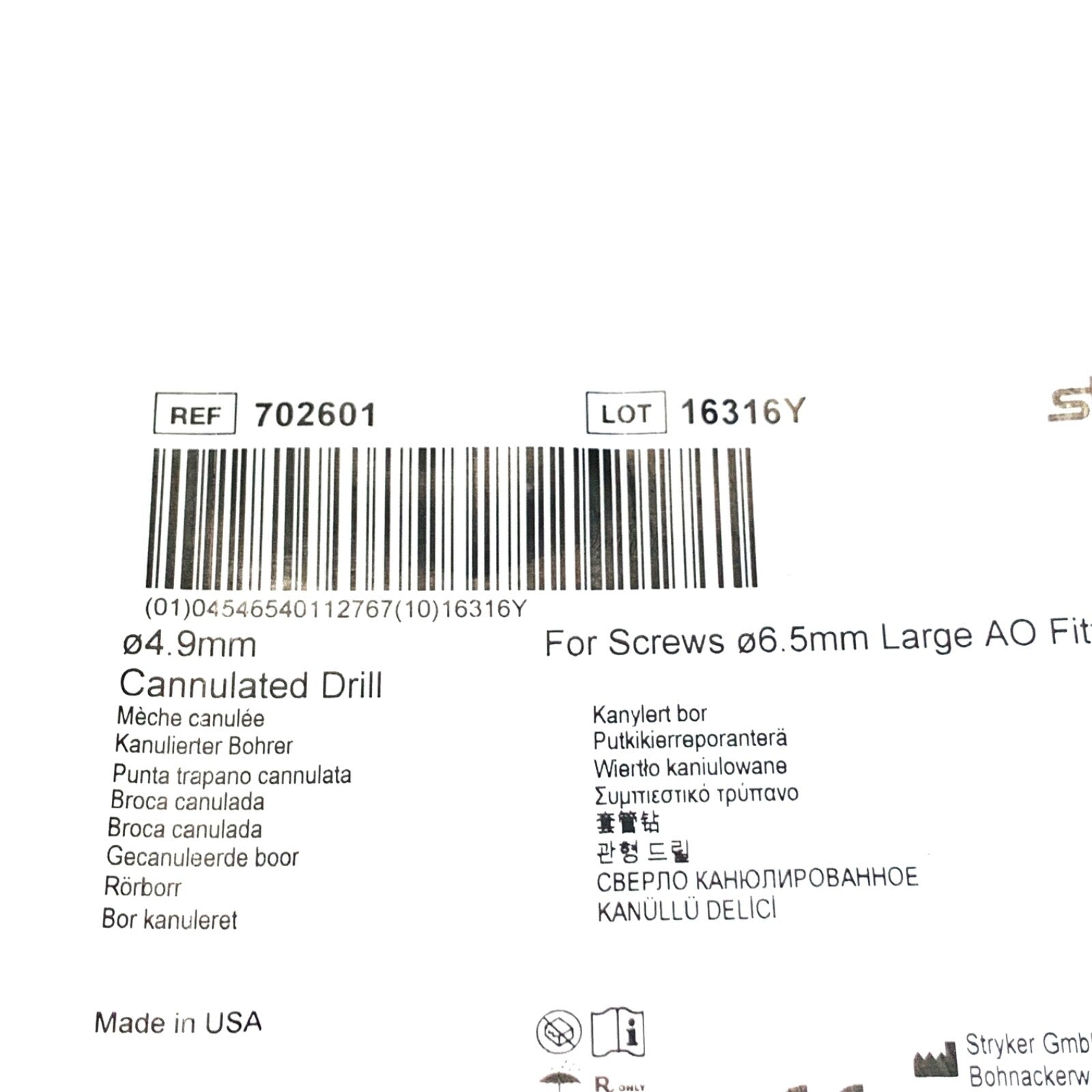 STRYKER REF 702601, 4.9MM CANNULATED DRILL