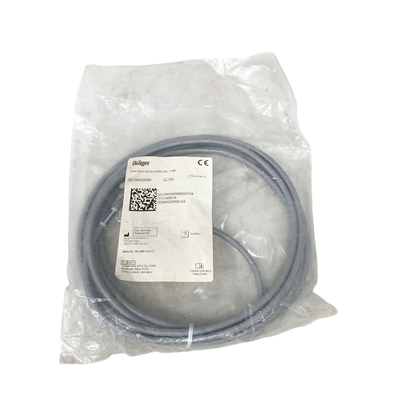 Drager REF MS20560, 5M Device Connection Cable Medical OEM Devconn CBL