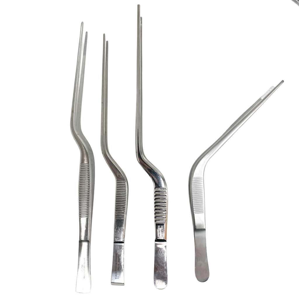 GERMAN INSTRUMENTS LOT OF 4 BAYONET DRESSING FORCEPS AND ASSORTED LENGTH 8IN.