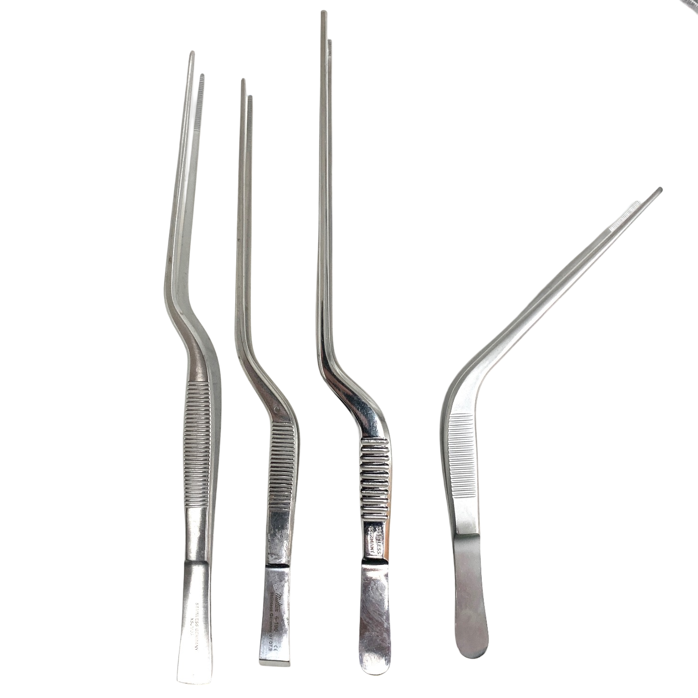 GERMAN INSTRUMENTS LOT OF 4 BAYONET DRESSING FORCEPS AND ASSORTED LENGTH 8IN.