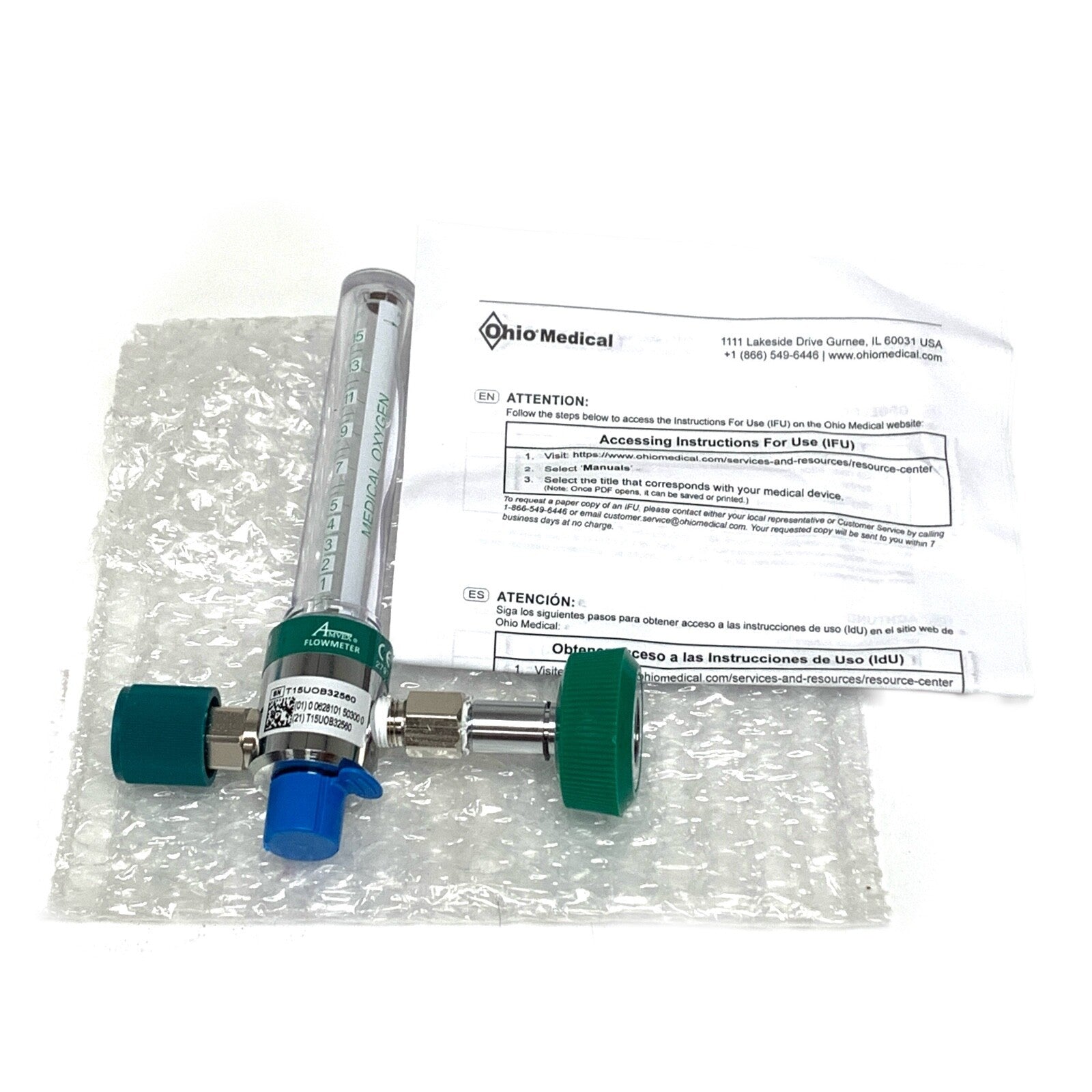 Ohio Medical, O2 REF 6700-0702-100, Amvex Oxygen Flowmeter,  w/ Female Connector