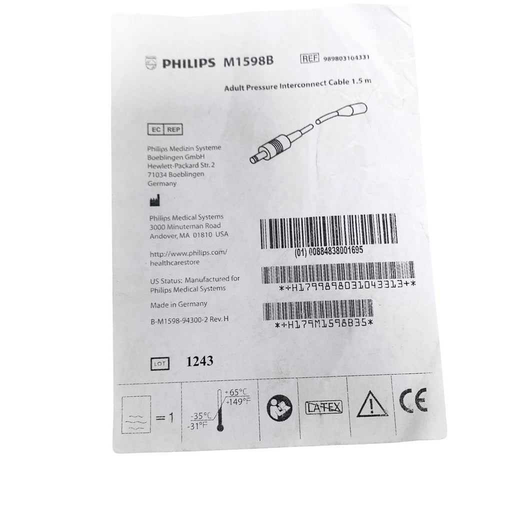 PHILIPS M1598B REF 989803104331 Adult Pressure Interconnect Cable 1.5 m