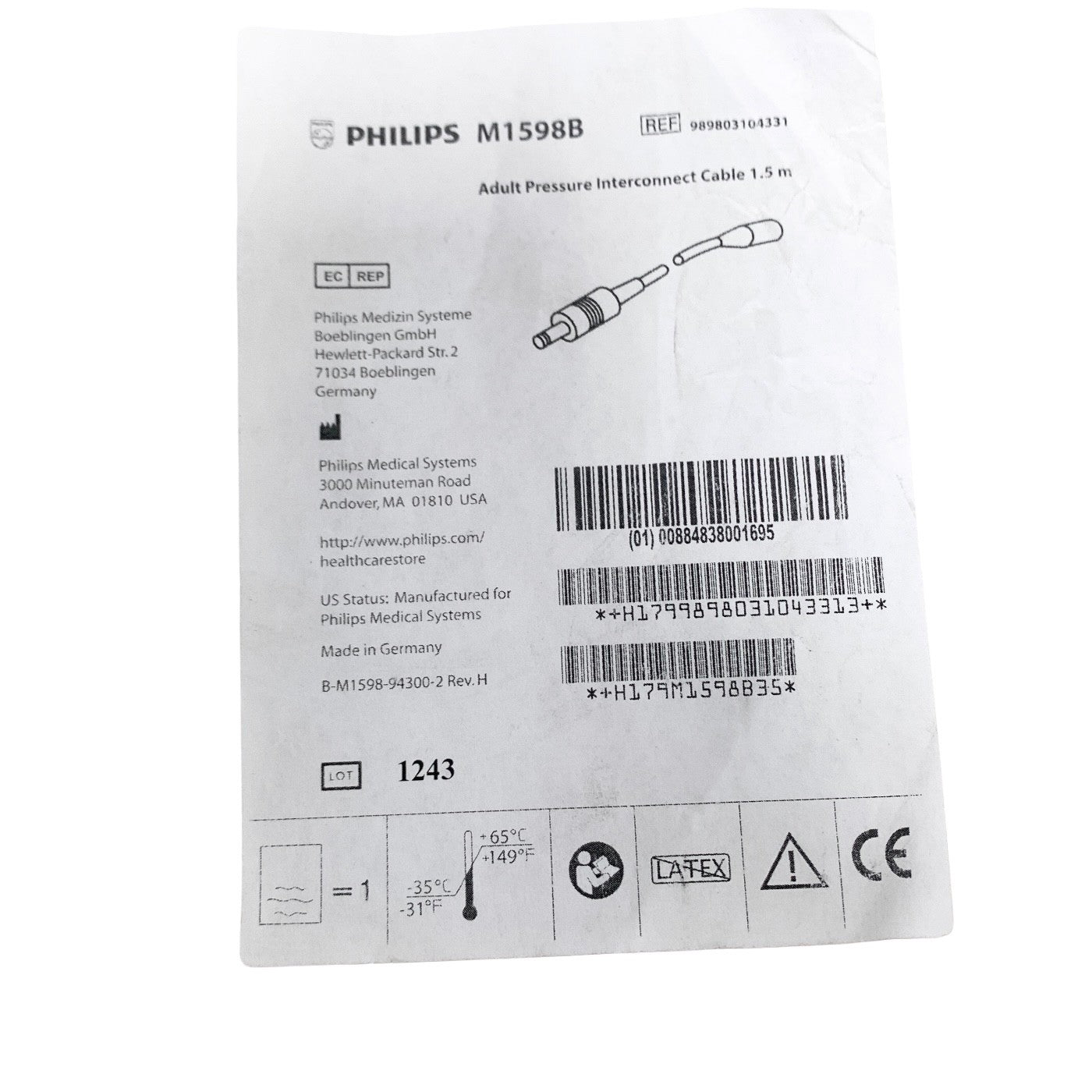 PHILIPS M1598B REF 989803104331 Adult Pressure Interconnect Cable 1.5 m