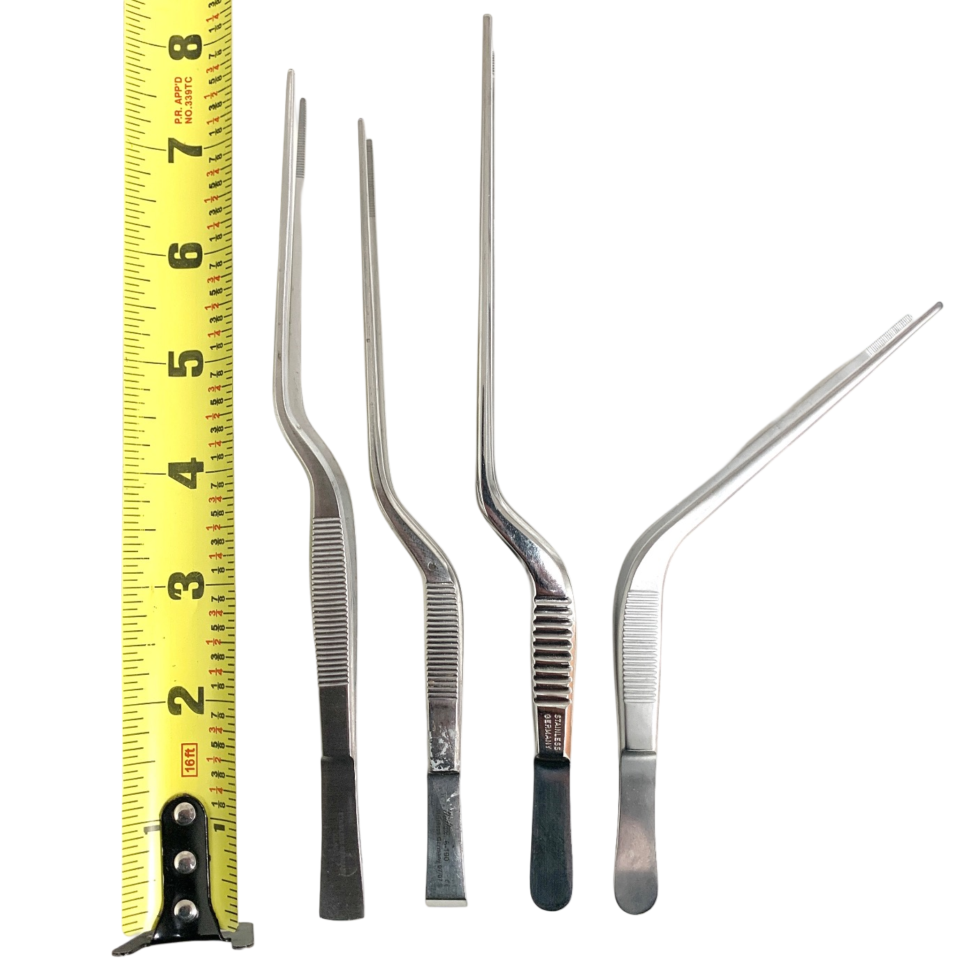 GERMAN INSTRUMENTS LOT OF 4 BAYONET DRESSING FORCEPS AND ASSORTED LENGTH 8IN.