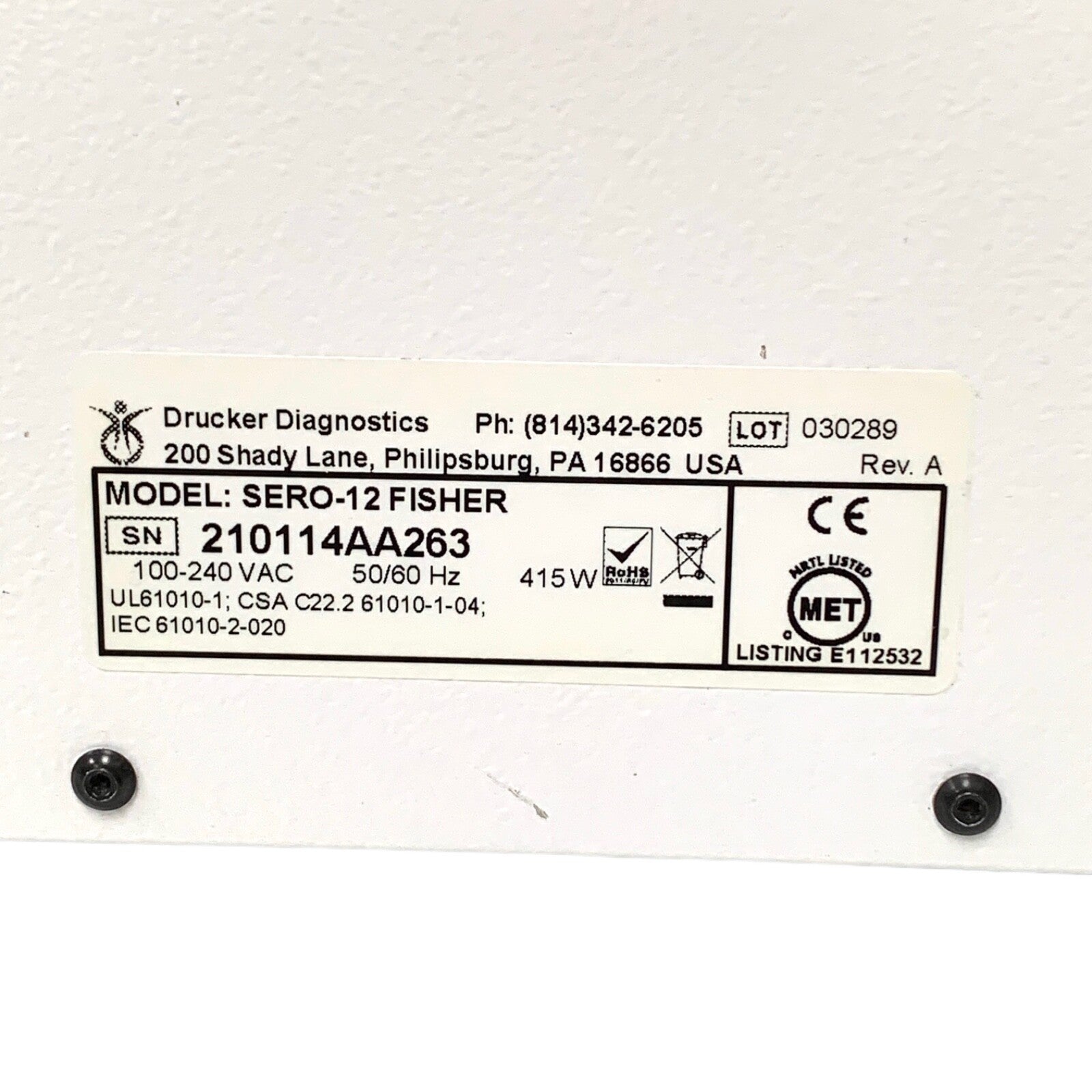 Drucker Diagnostics Fisherbrand REF SERO-12 Fisher Serology Centrifuge