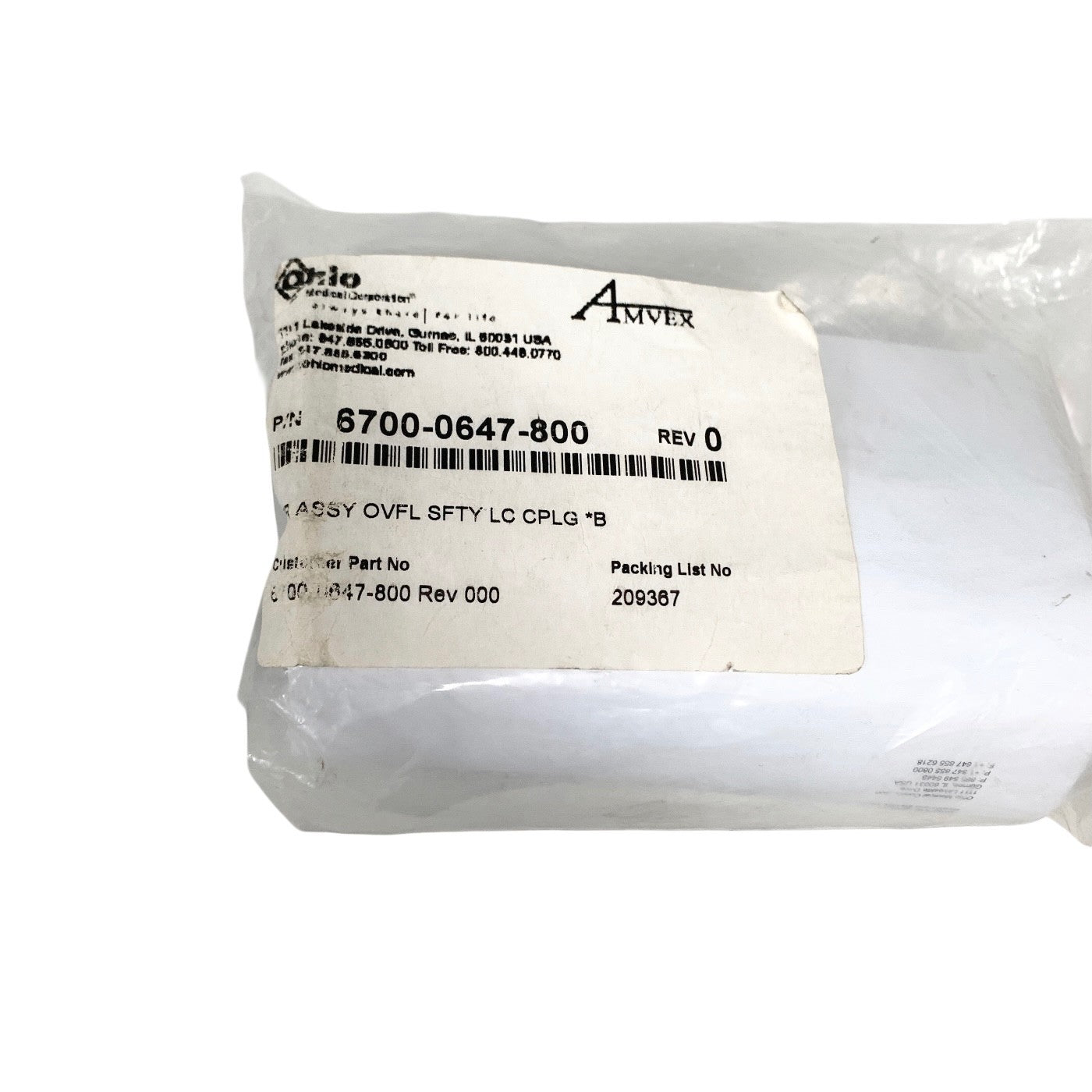 OHIO MEDICAL REF 6700-0647-800, AMVEX TRAP ASSEMBLY FOR OVERFLOW SAFETY