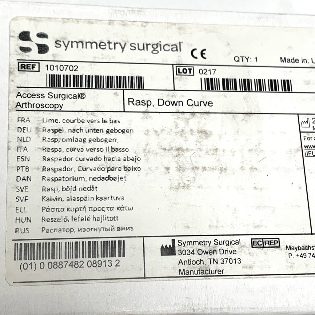 Symmetry Surgical, REF 1010702, Access Arthroscopy, Rasp, Down Curve