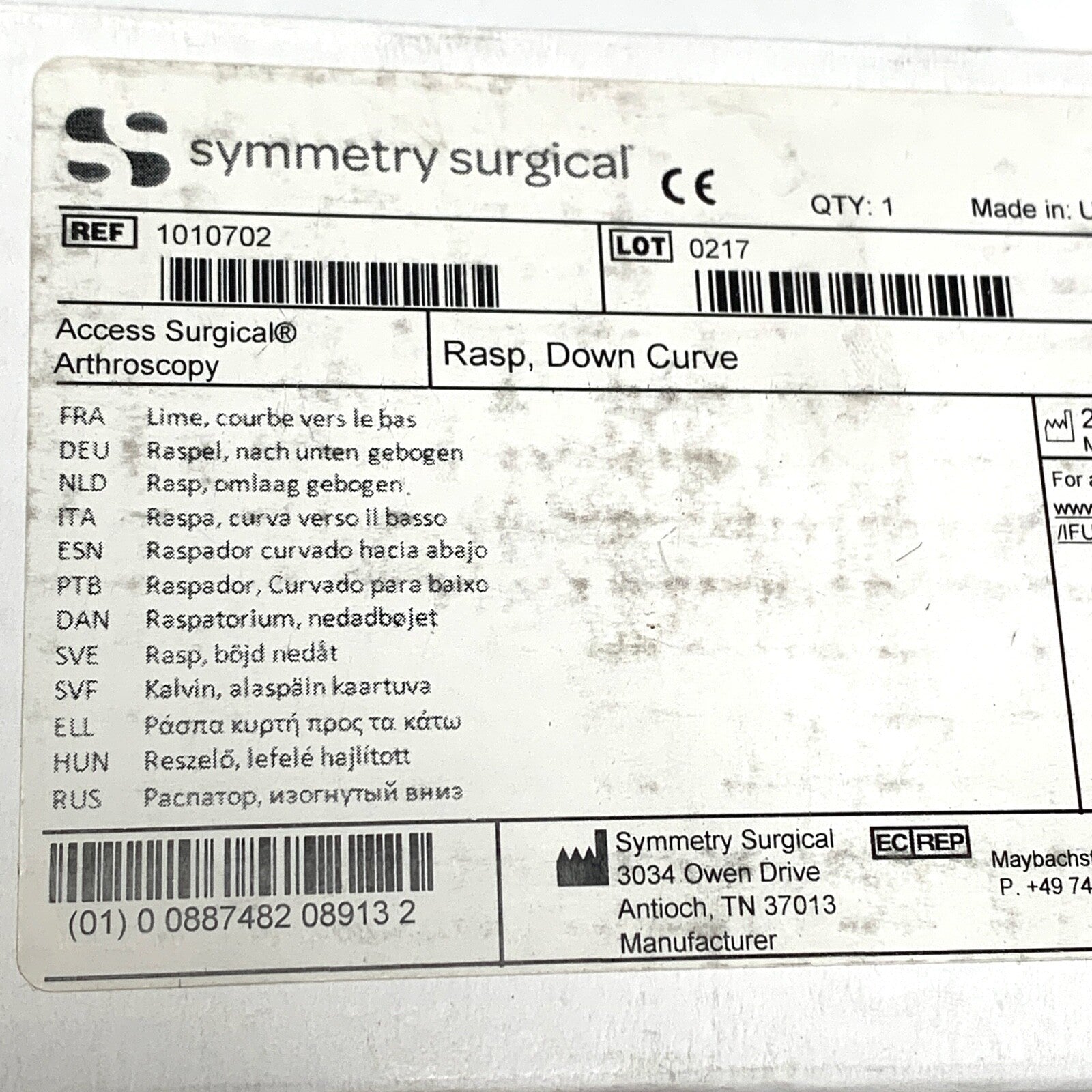 Symmetry Surgical, REF 1010702, Access Arthroscopy, Rasp, Down Curve