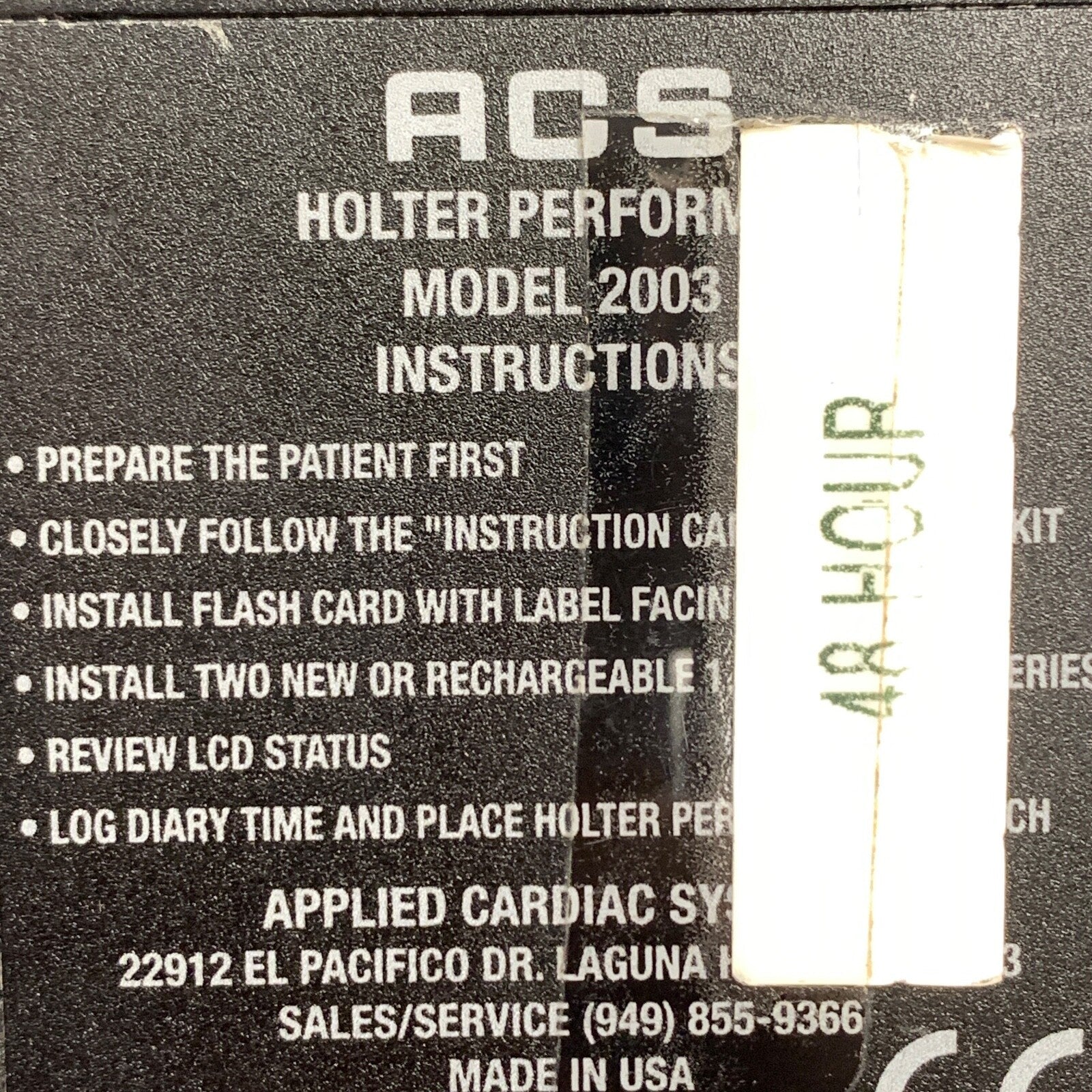 ACS, Applied Cardiac Systems REF 2003, 48 Hour Holter Recorder w/ Leads